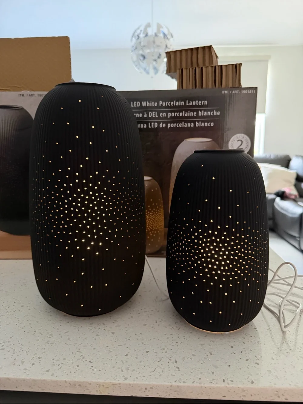 NEW Evergreen Rechargeable Porcelain LED Lanterns - Set of 2 - Matte Black OB